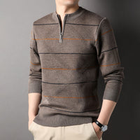 Zippered Mock-neck Knit Sweater With Striped Long Sleeves
