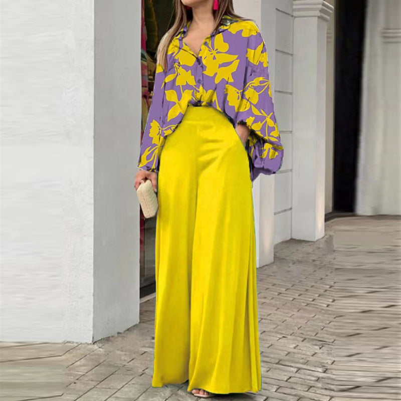 Loose And Elegant Casual Printed Shirt Top Wide Leg Pants Fashion Suit