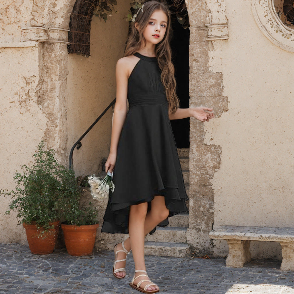 Halter Sleeveless Chiffon Short Front And Long Back Girls' Dress