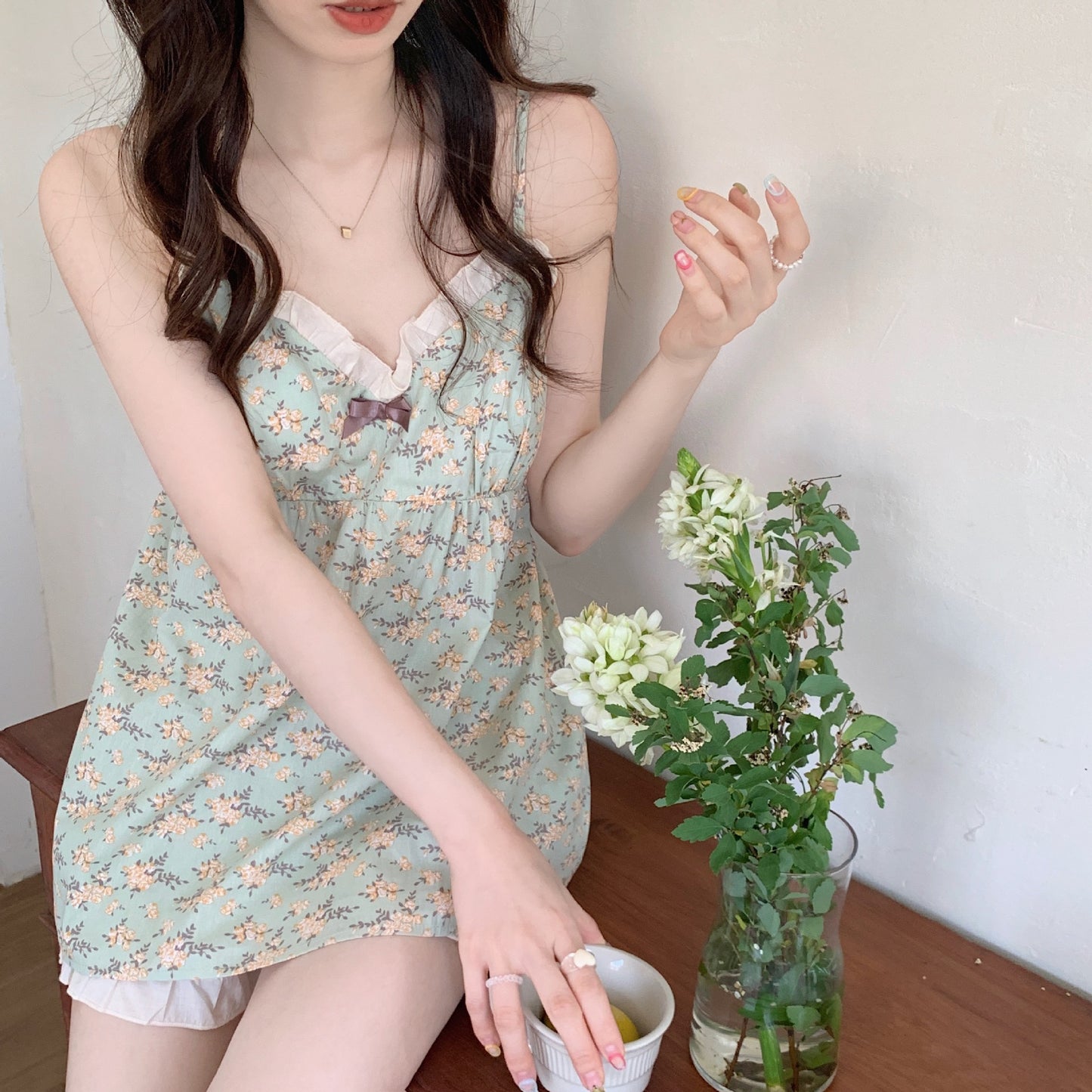 Korean Style Mori Style Floral Homewear With Braces Sweet Pajamas Suit