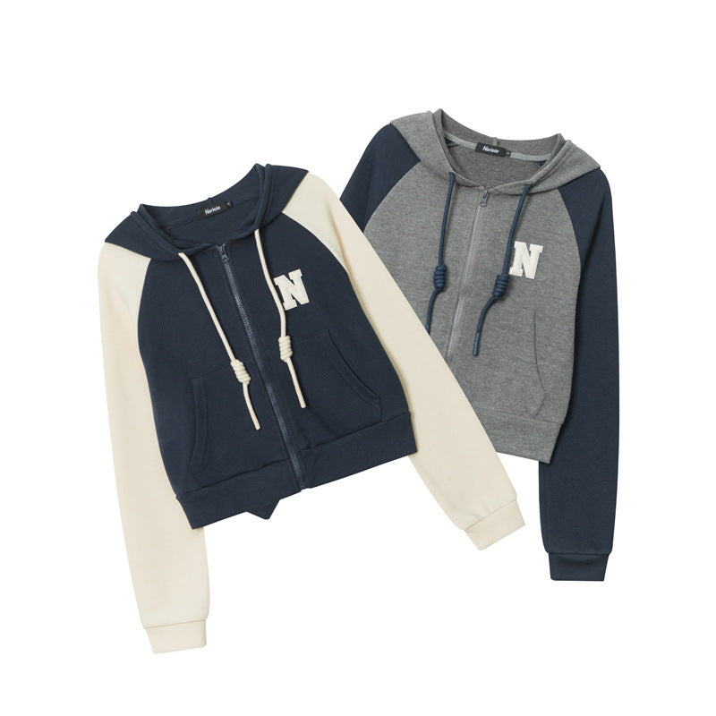American-style BM-style Short Zipper Contrast Color Sweatshirt Coat