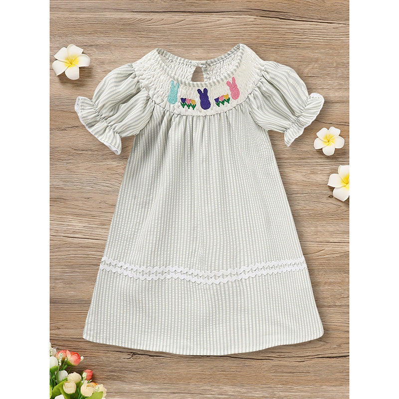 Infant Baby Girls' Easter Bunny Smocked Dress Embroidered Short Sleeve Casual Summer Dress