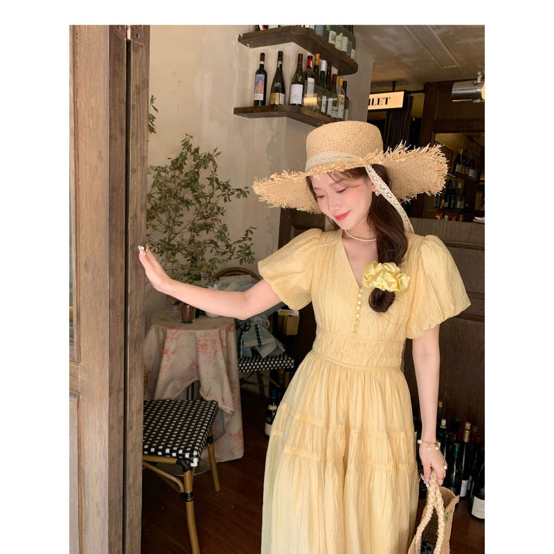 Retro Gentle Style Slimming V-neckline Fairy Vacation Style Dress