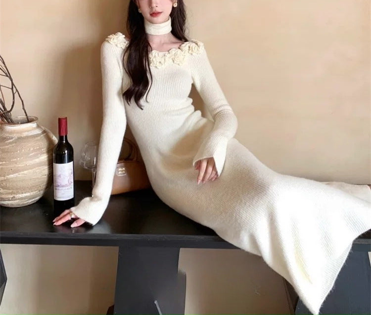 Classic Style French Style Flower Sweater Women's Autumn And Winter Dress