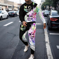 Sports Men's Clothing Casual Retro Digital Printed Round Neck Sweater Suit