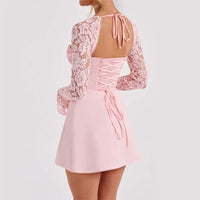 Y2K  Lace Long Sleeve Dress Fashion Sexy Corset Backless Lace Up Short Dresses Womens Clothing
