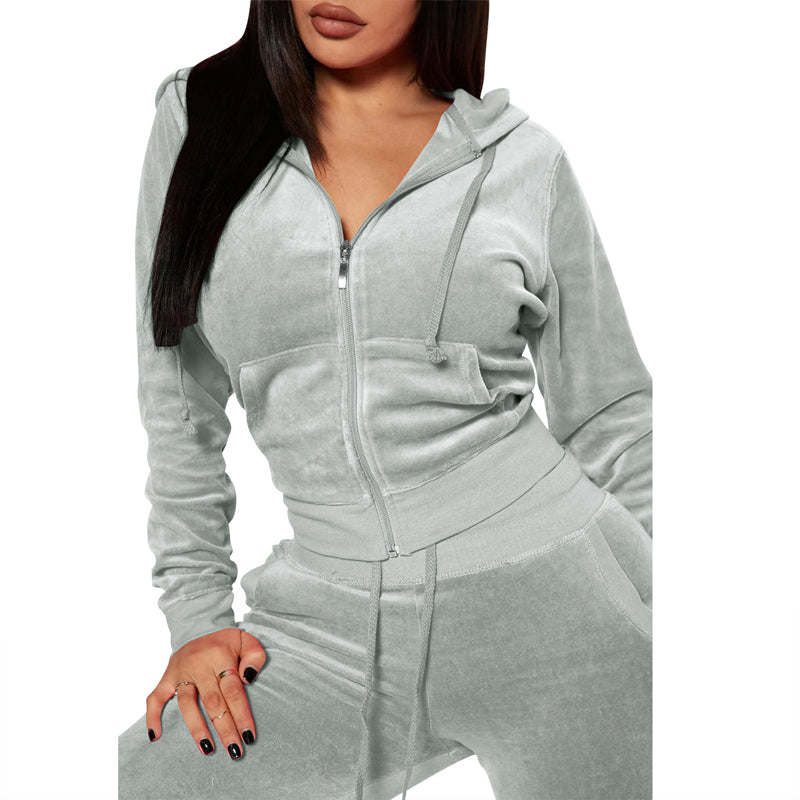 Women's Solid Color 2-Piece Set Zip Pocket Drawstring Hooded Crop Top & Slim Fit Pocket Pants - Ribbed Detail Casual Outfit