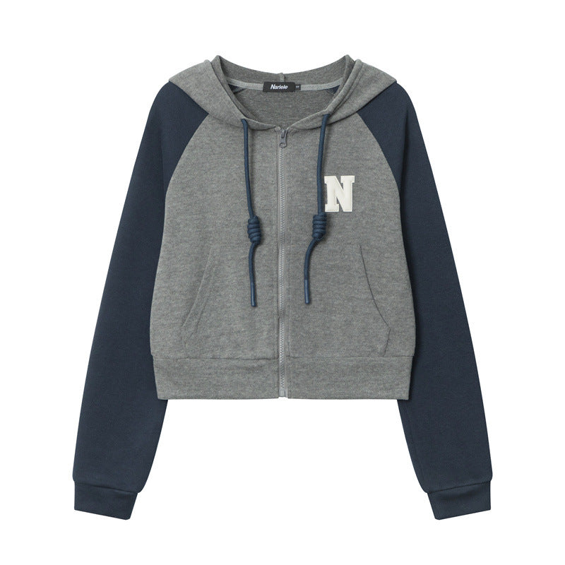 American-style BM-style Short Zipper Contrast Color Sweatshirt Coat