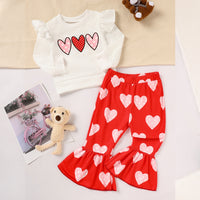 Toddler Girl's Heart Print 2-Piece Set, Crewneck Long Sleeve Ruffle Top & Flare Leg Pants