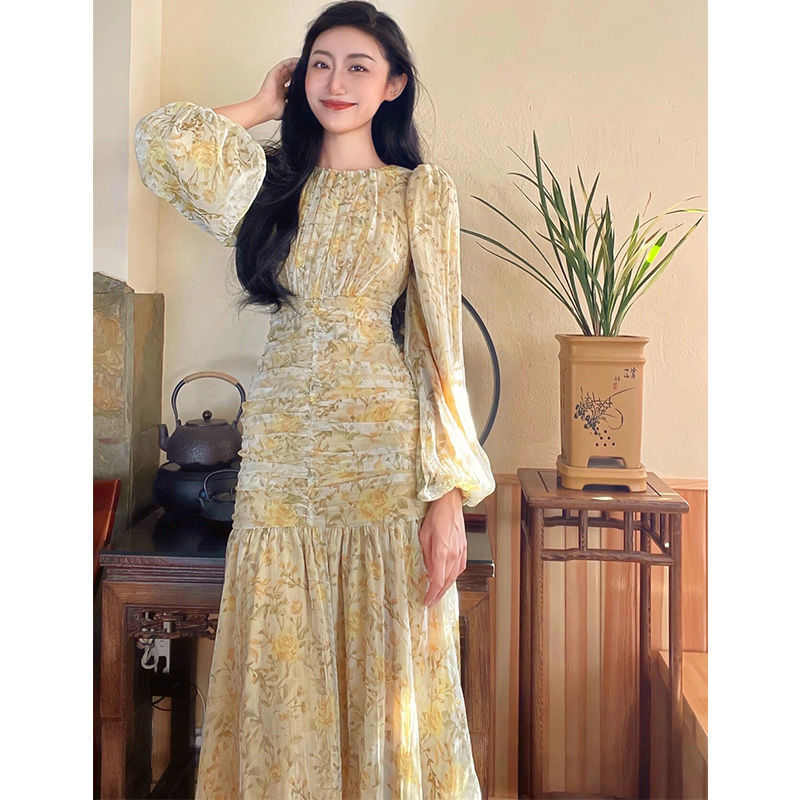 French Style  Style Long Sleeve Floral Dress Fashion High-end Temperament