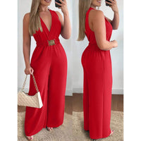 Resort-style Wide-leg Pants With A Crossover V-neck And Metal Buckle Waist