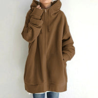 Oversized S-5XL Women Loose Hooded Coats Autumn Female Tie Collar Long Sleeve Zipper Up Add Velvet Long Sweatshirt