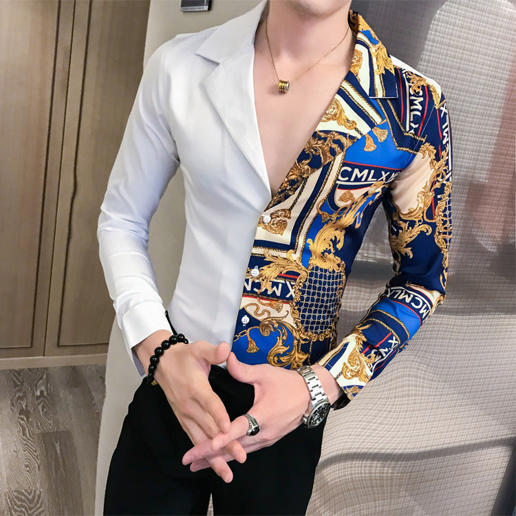 British Style Long-sleeved Printed Shirt Men's Slim Fit