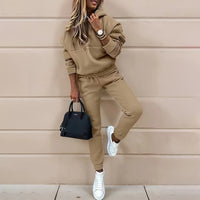 Women's Casual 2-Piece Tracksuit, Solid Color Hooded Sweatshirt And Slim Fit Jogger Pants For Autumn And Winter