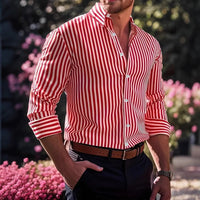 Ins Stripe Printed Long Sleeve Shirt Men Fashion Casual Lapel Button Top Clothing
