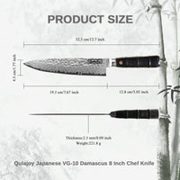 Qulajoy Japanese Chef Knife 8 Inch,67 Layers Damascus VG-10 Steel Core,Professional Hammered Kitchen Knife,Handcrafted With Ergonomic Bamboo Shape Handle