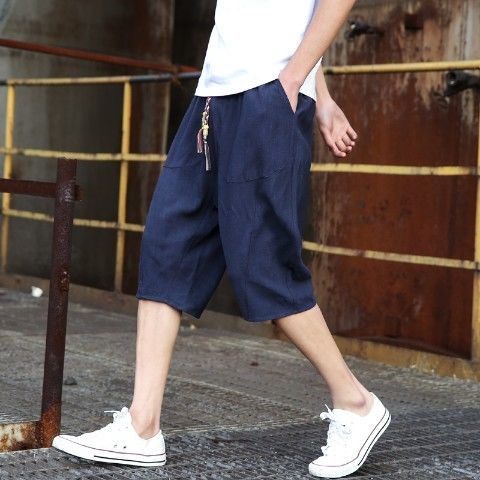 Mens Casual Loose Linen Cropped Pants