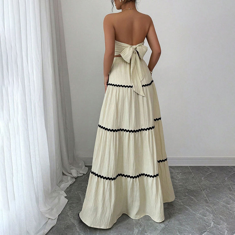 Women's Summer 2-Piece Set, Strapless Tube Top & Flared Ruffle Skirt